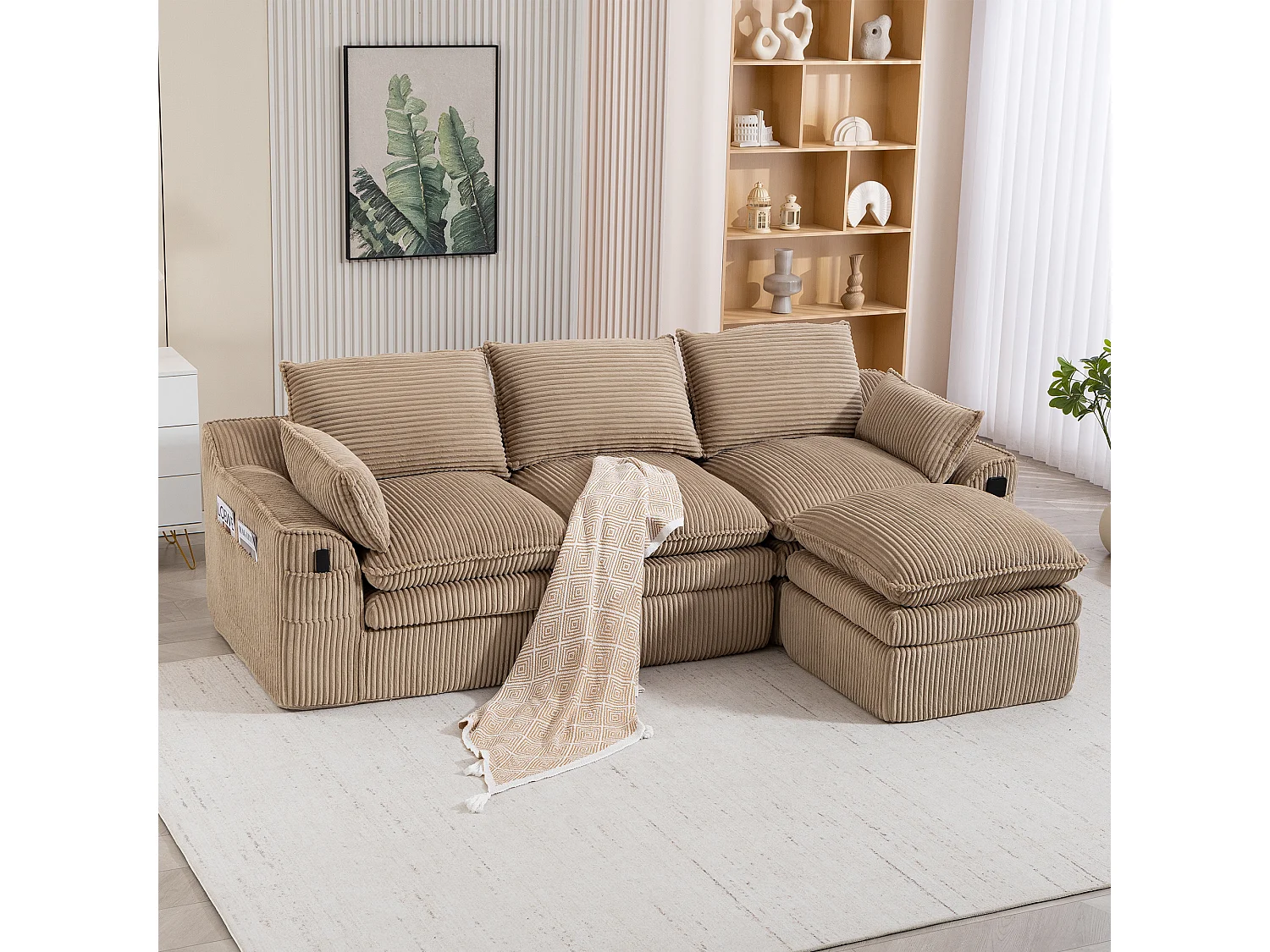 Ensemble canapé modulable 3 places en velours côtelé - 263 x 167 x 85 cm - avec 1 pouf + coussins + 2 poches - kaki