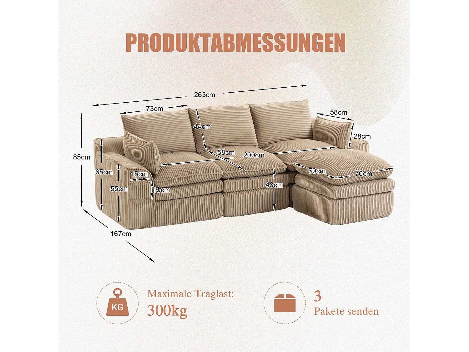 Ensemble canapé modulable 3 places en velours côtelé - 263 x 167 x 85 cm - avec 1 pouf + coussins + 2 poches - kaki