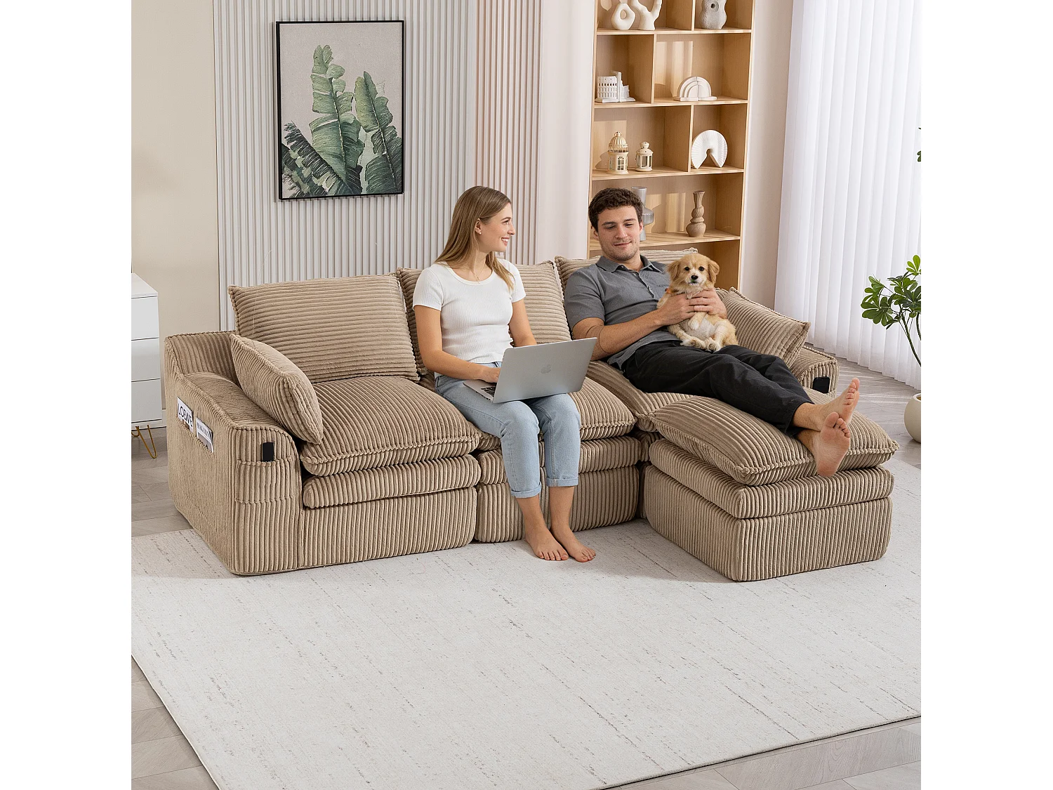 Ensemble canapé modulable 3 places en velours côtelé - 263 x 167 x 85 cm - avec 1 pouf + coussins + 2 poches - kaki