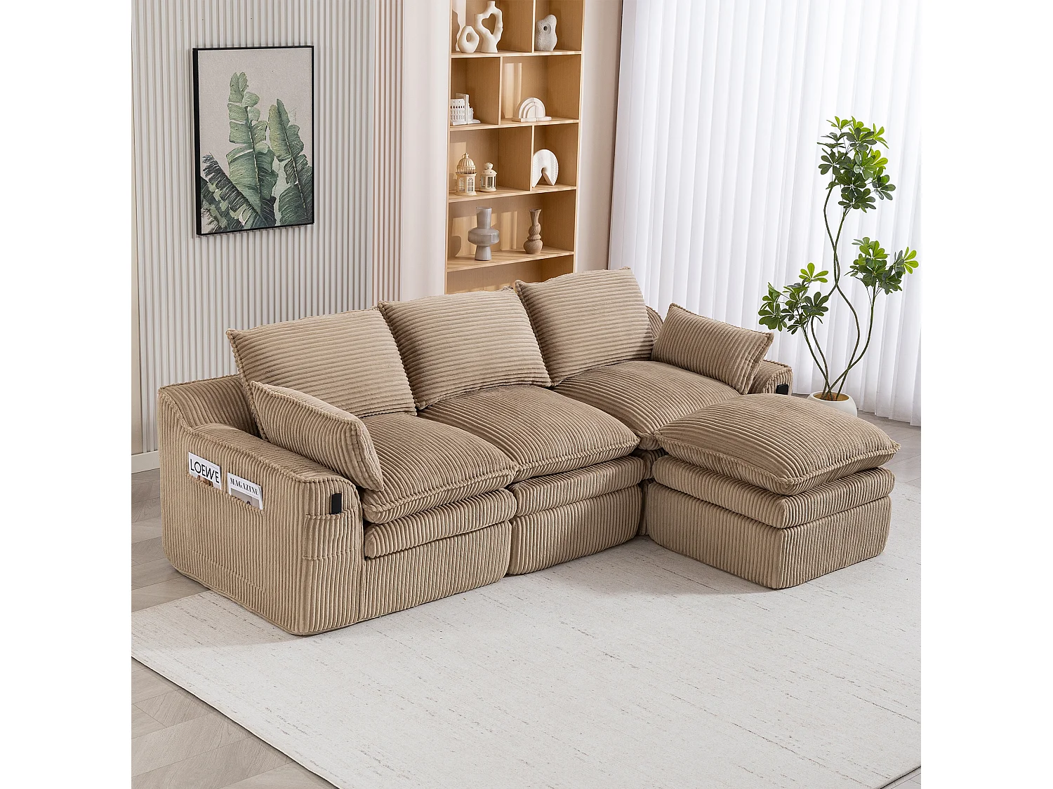 Ensemble canapé modulable 3 places en velours côtelé - 263 x 167 x 85 cm - avec 1 pouf + coussins + 2 poches - kaki
