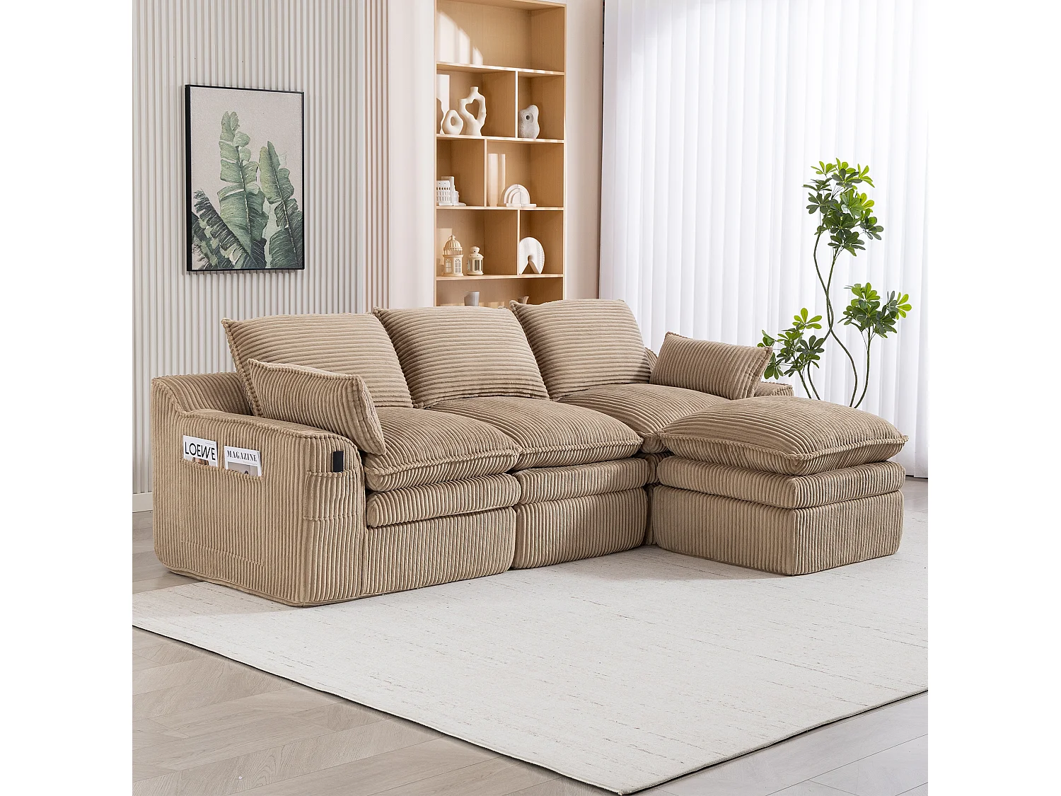 Ensemble canapé modulable 3 places en velours côtelé - 263 x 167 x 85 cm - avec 1 pouf + coussins + 2 poches - kaki