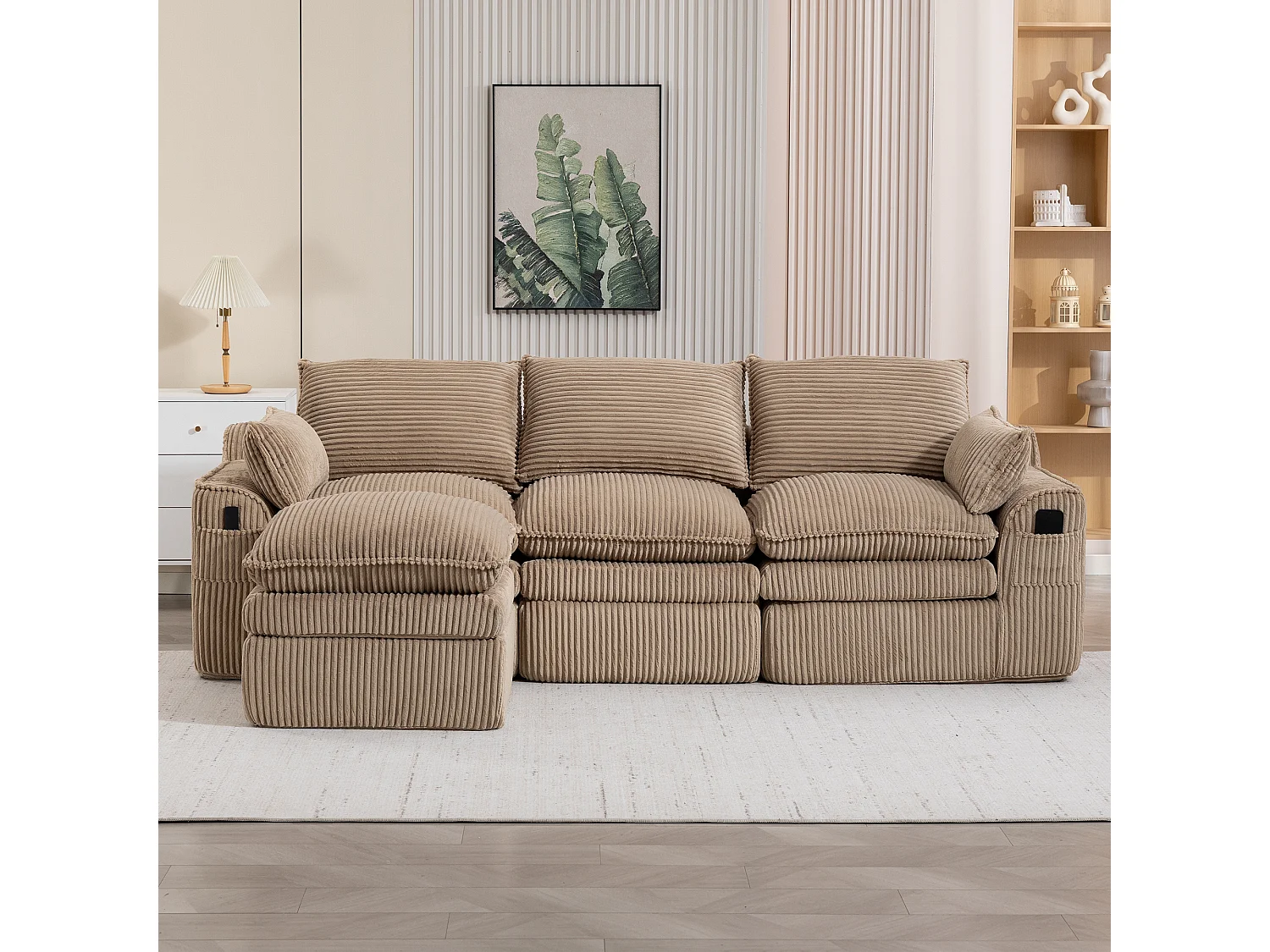 Ensemble canapé modulable 3 places en velours côtelé - 263 x 167 x 85 cm - avec 1 pouf + coussins + 2 poches - kaki