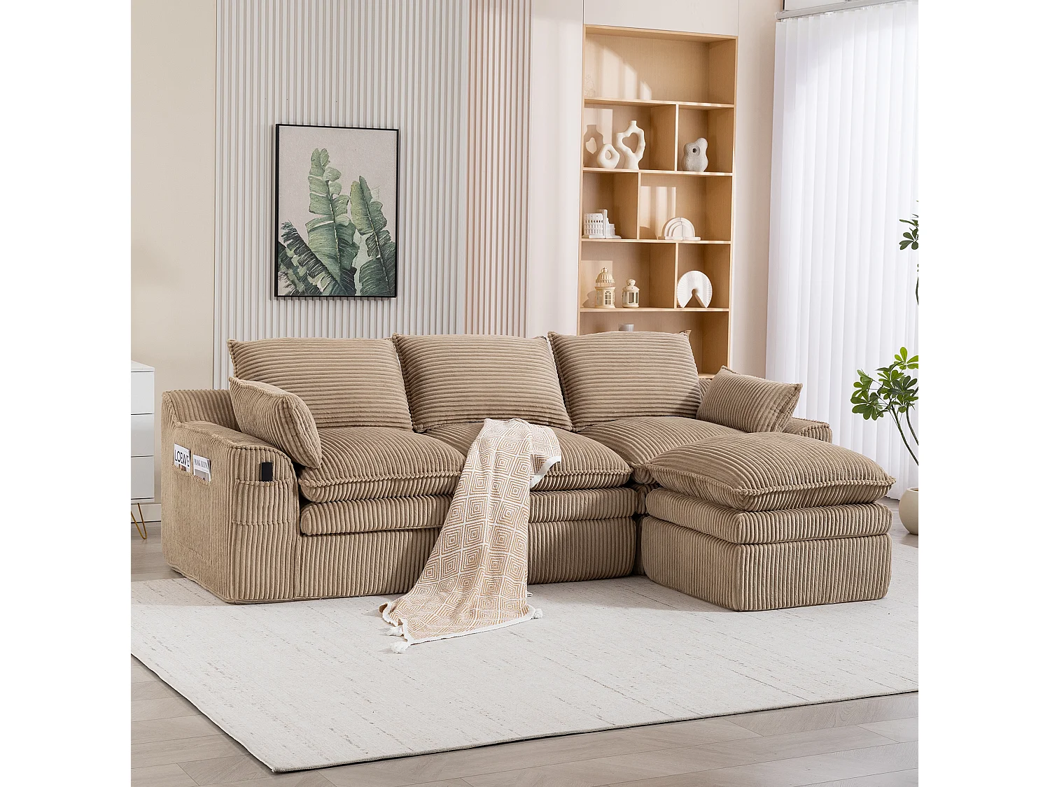 Ensemble canapé modulable 3 places en velours côtelé - 263 x 167 x 85 cm - avec 1 pouf + coussins + 2 poches - kaki