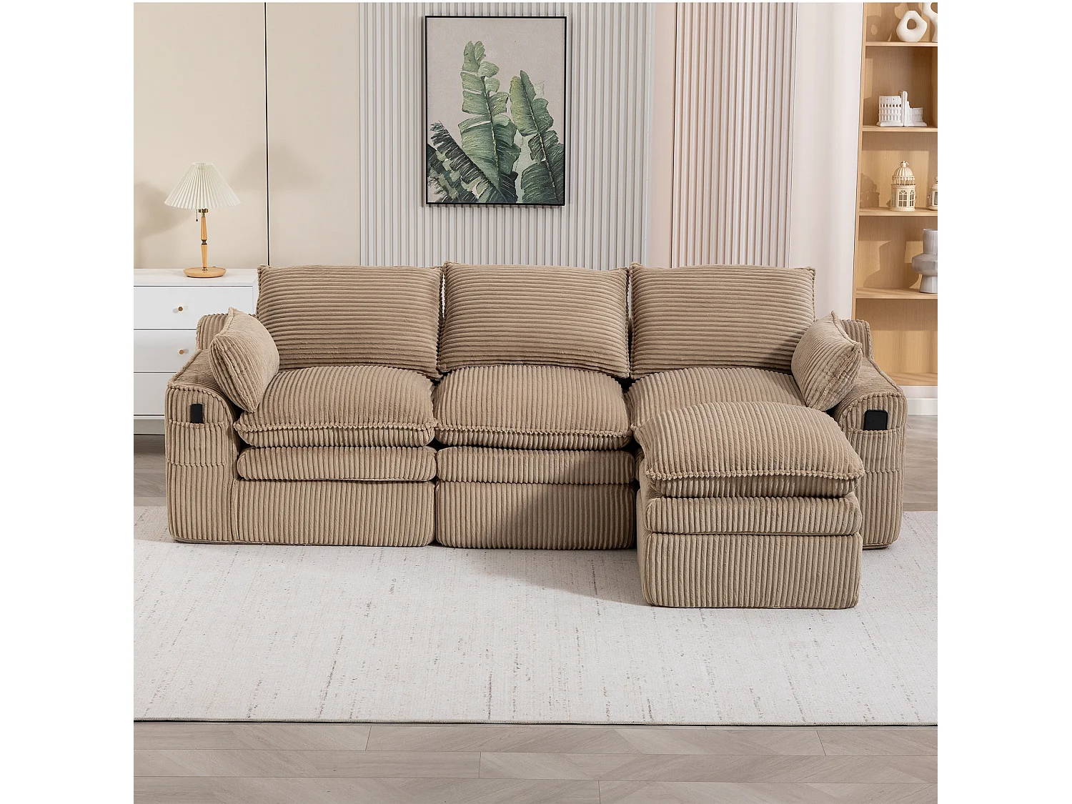 Ensemble canapé modulable 3 places en velours côtelé - 263 x 167 x 85 cm - avec 1 pouf + coussins + 2 poches - kaki