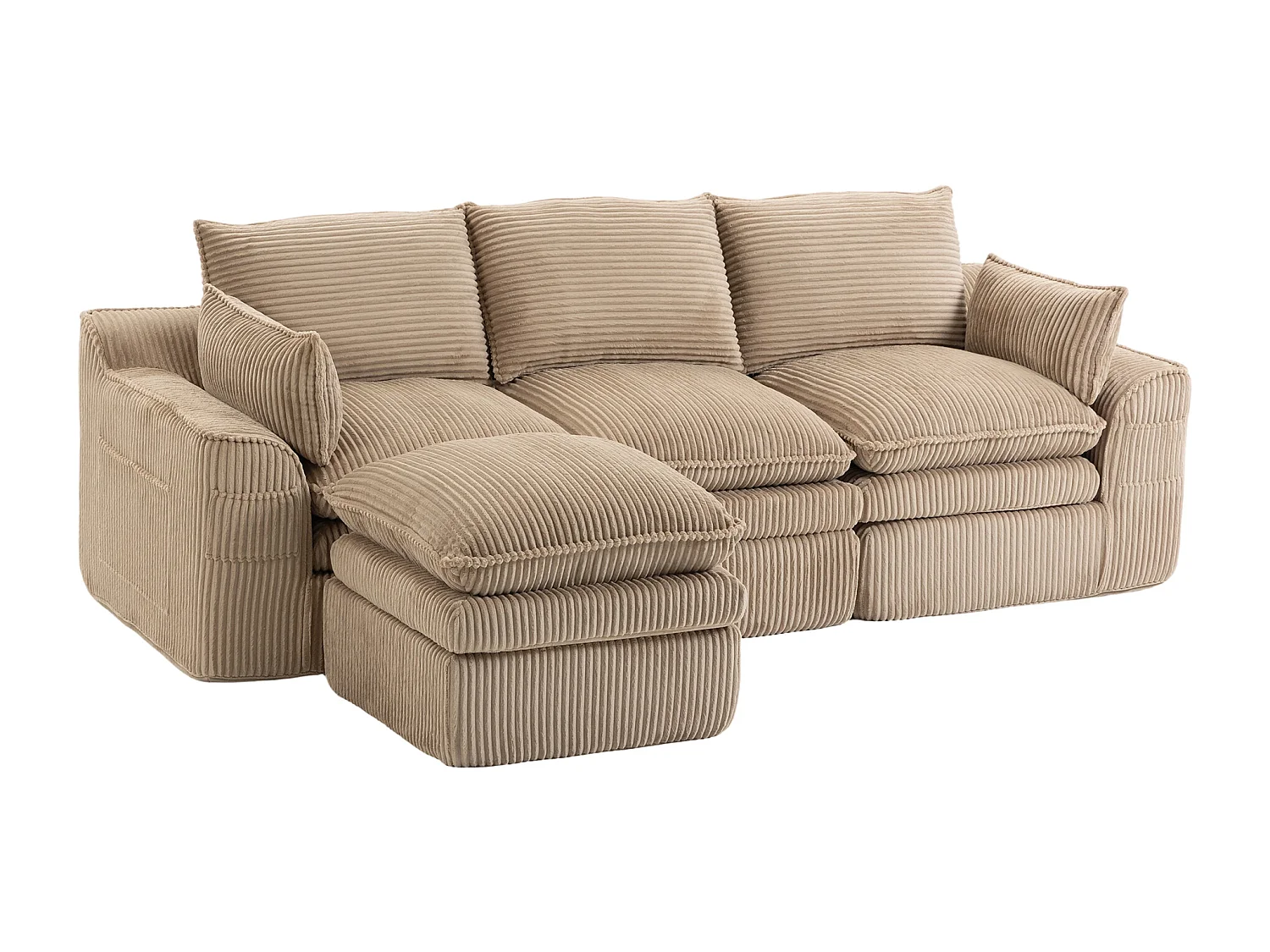 Ensemble canapé modulable 3 places en velours côtelé - 263 x 167 x 85 cm - avec 1 pouf + coussins + 2 poches - kaki