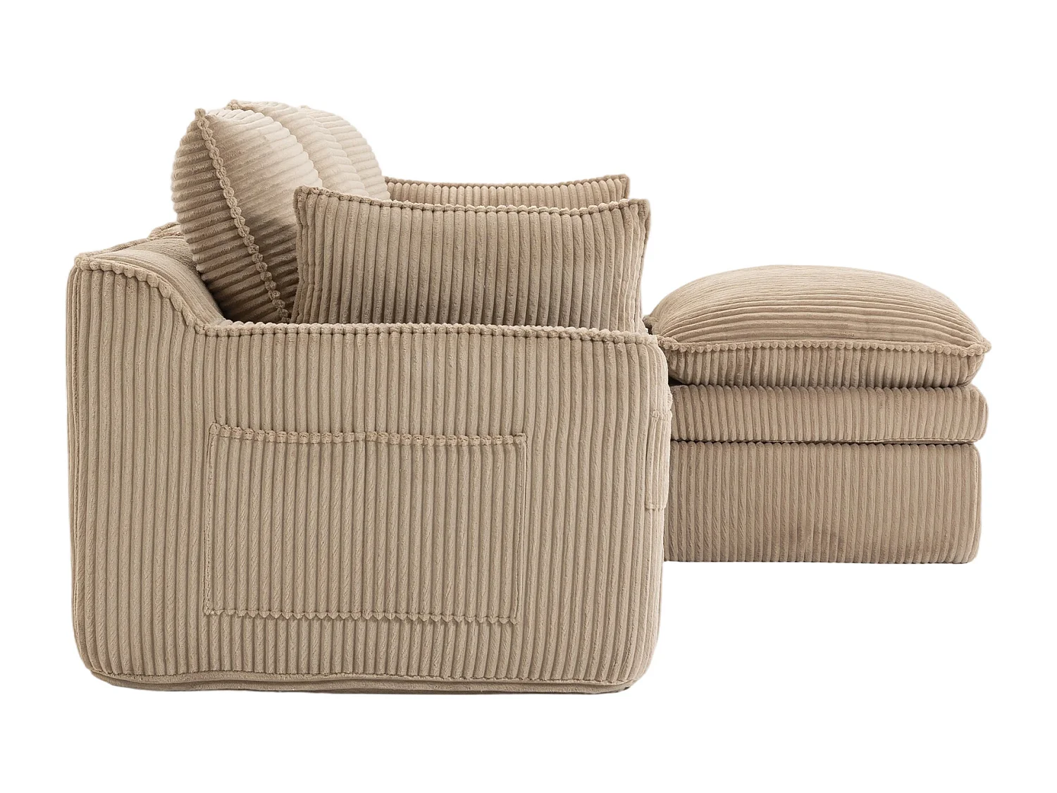 Ensemble canapé modulable 3 places en velours côtelé - 263 x 167 x 85 cm - avec 1 pouf + coussins + 2 poches - kaki