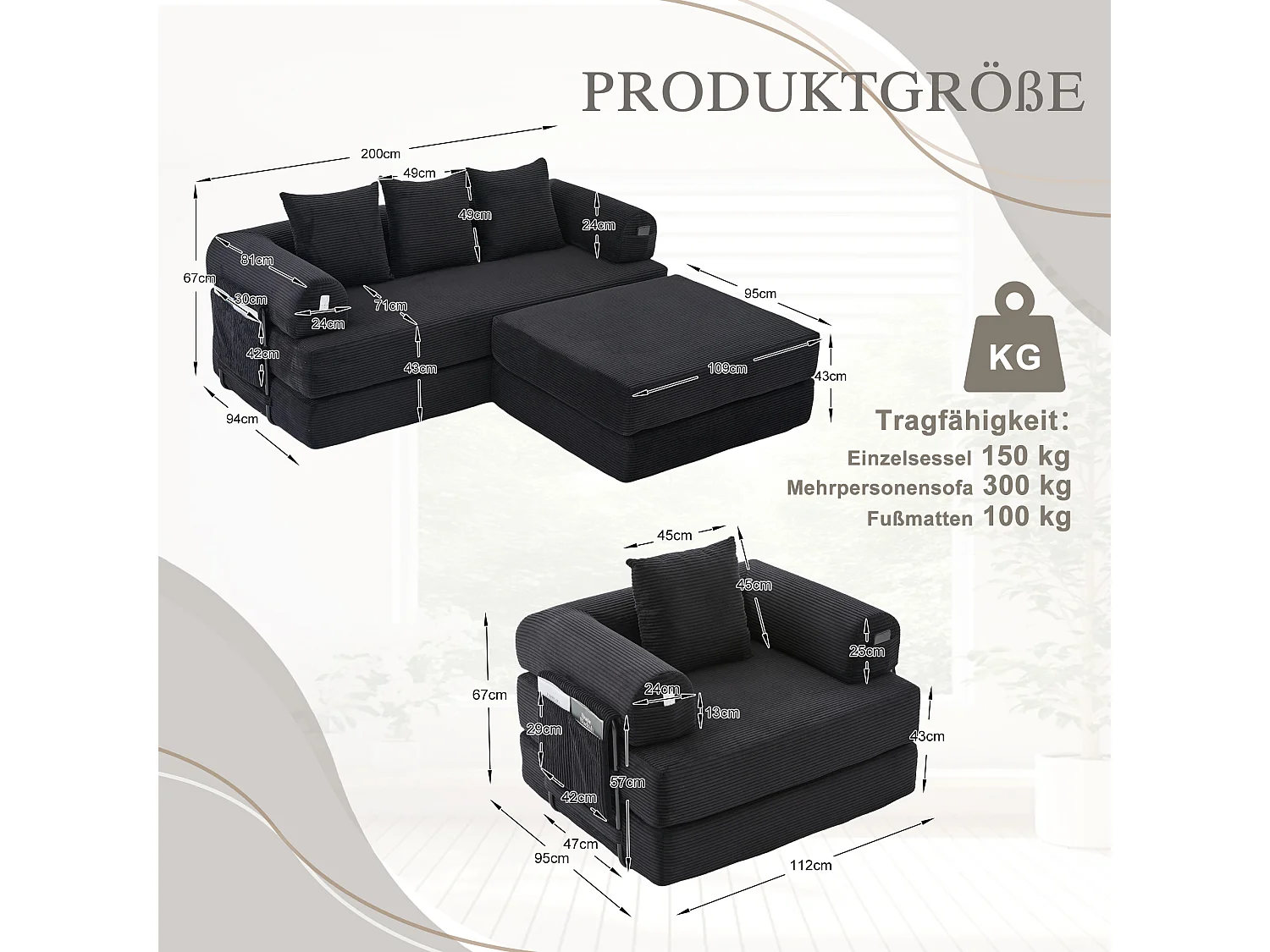 Modulares 4-Sitzer-Sofa-Set – 200 x 190 x 67 cm – mit 4 Kissen + 1 Sessel – Cord – schwarz