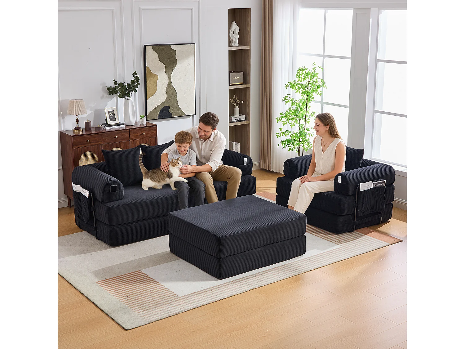 Modulares 4-Sitzer-Sofa-Set – 200 x 190 x 67 cm – mit 4 Kissen + 1 Sessel – Cord – schwarz