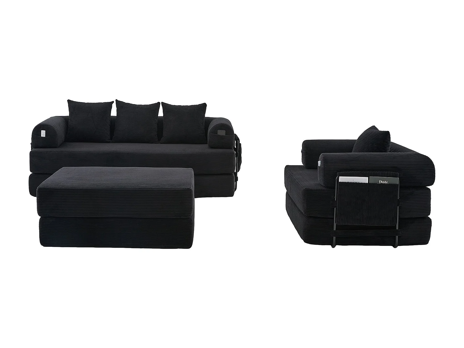 Modulares 4-Sitzer-Sofa-Set – 200 x 190 x 67 cm – mit 4 Kissen + 1 Sessel – Cord – schwarz