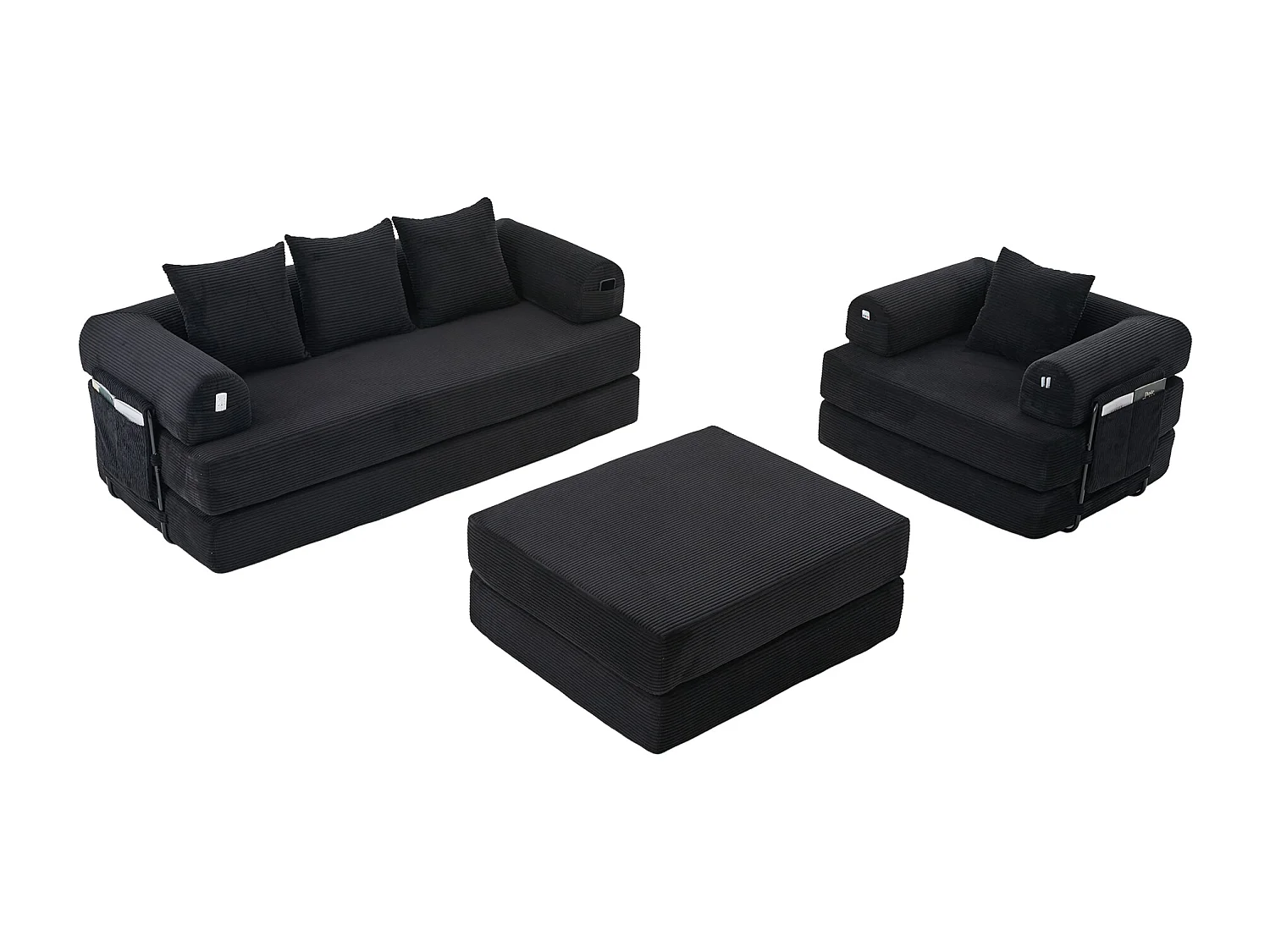 Modulares 4-Sitzer-Sofa-Set – 200 x 190 x 67 cm – mit 4 Kissen + 1 Sessel – Cord – schwarz