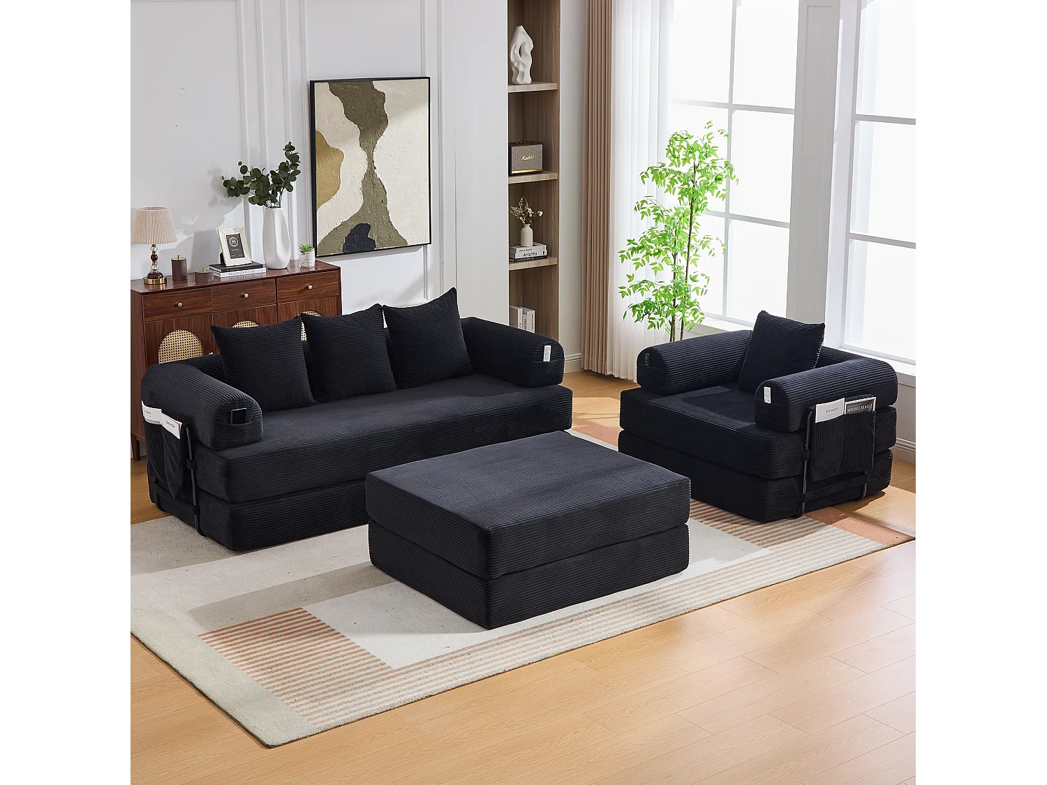 Modulares 4-Sitzer-Sofa-Set – 200 x 190 x 67 cm – mit 4 Kissen + 1 Sessel – Cord – schwarz