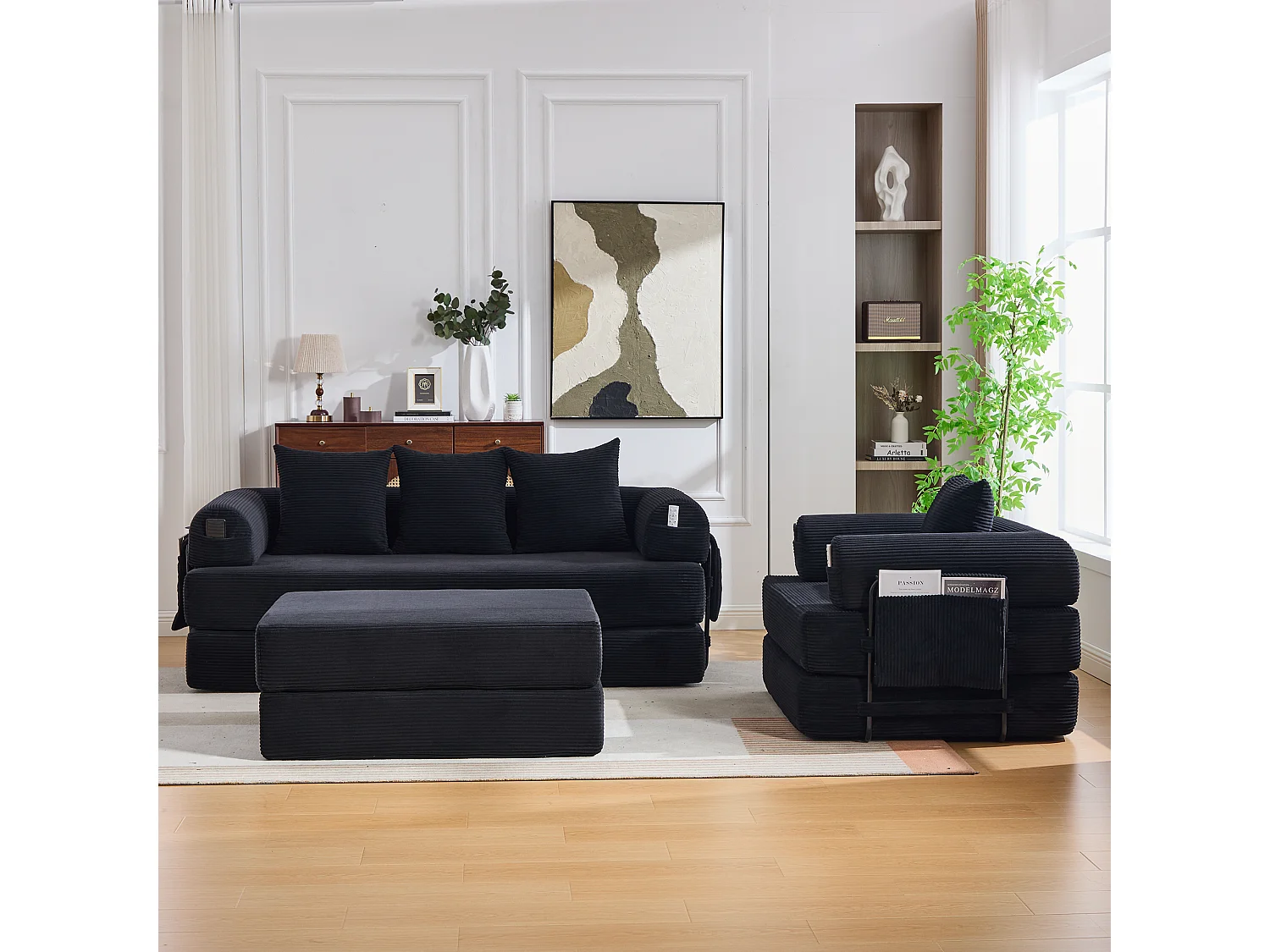 Modulares 4-Sitzer-Sofa-Set – 200 x 190 x 67 cm – mit 4 Kissen + 1 Sessel – Cord – schwarz