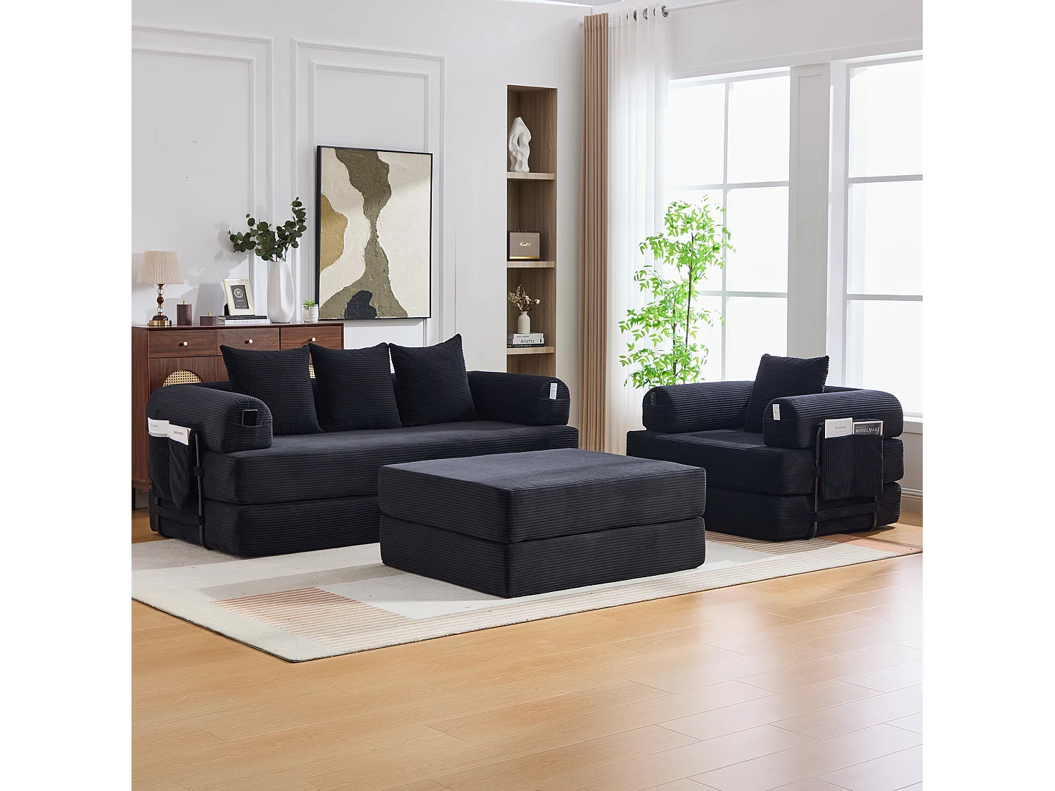 Modulares 4-Sitzer-Sofa-Set – 200 x 190 x 67 cm – mit 4 Kissen + 1 Sessel – Cord – schwarz