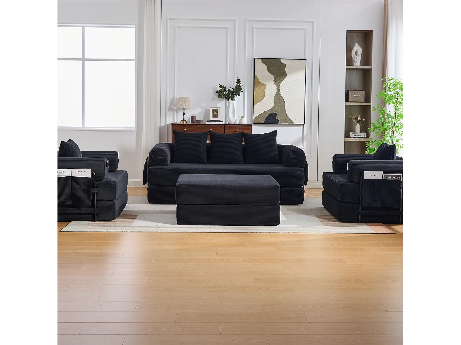 Modulares 4-Sitzer-Sofa-Set – 200 x 190 x 67 cm – mit 4 Kissen + 1 Sessel – Cord – schwarz
