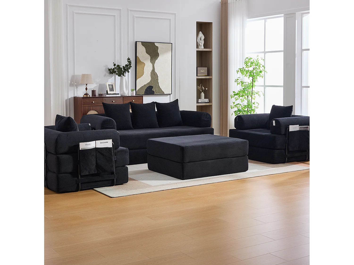Modulares 4-Sitzer-Sofa-Set – 200 x 190 x 67 cm – mit 4 Kissen + 1 Sessel – Cord – schwarz