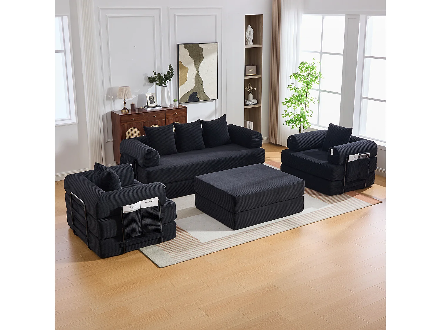 Modulares 4-Sitzer-Sofa-Set – 200 x 190 x 67 cm – mit 4 Kissen + 1 Sessel – Cord – schwarz