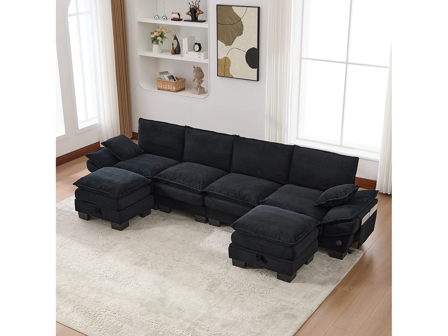 4-Sitzer-Cordsofa-Set – 330 x 132 x 84 cm – mit 2 Aufbewahrungshockern, USB-Anschluss und Taschen – schwarz
