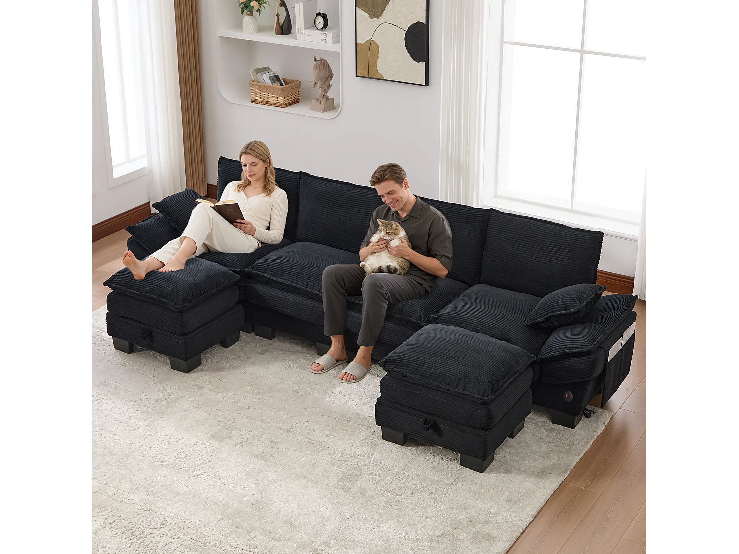 4-Sitzer-Cordsofa-Set – 330 x 132 x 84 cm – mit 2 Aufbewahrungshockern, USB-Anschluss und Taschen – schwarz