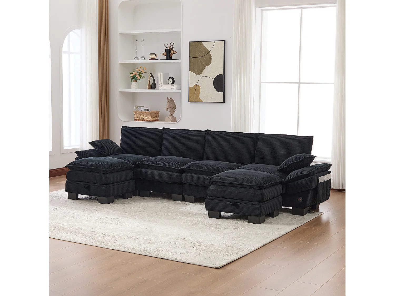 4-Sitzer-Cordsofa-Set – 330 x 132 x 84 cm – mit 2 Aufbewahrungshockern, USB-Anschluss und Taschen – schwarz