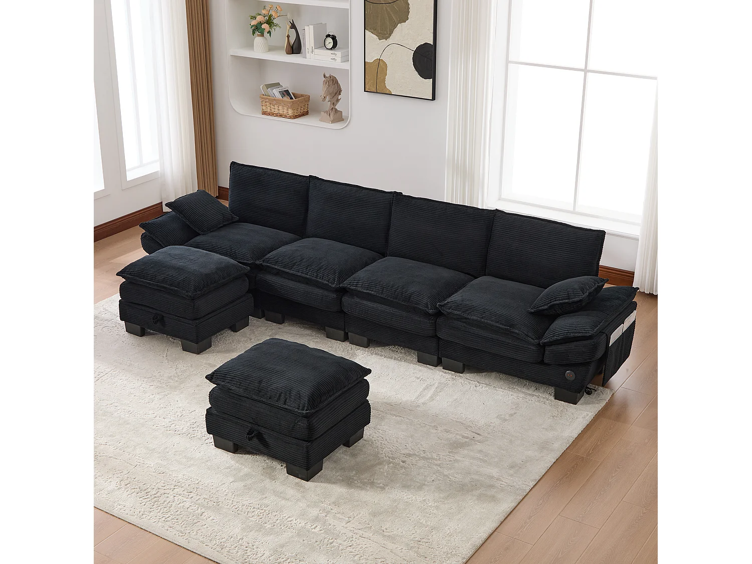 4-Sitzer-Cordsofa-Set – 330 x 132 x 84 cm – mit 2 Aufbewahrungshockern, USB-Anschluss und Taschen – schwarz