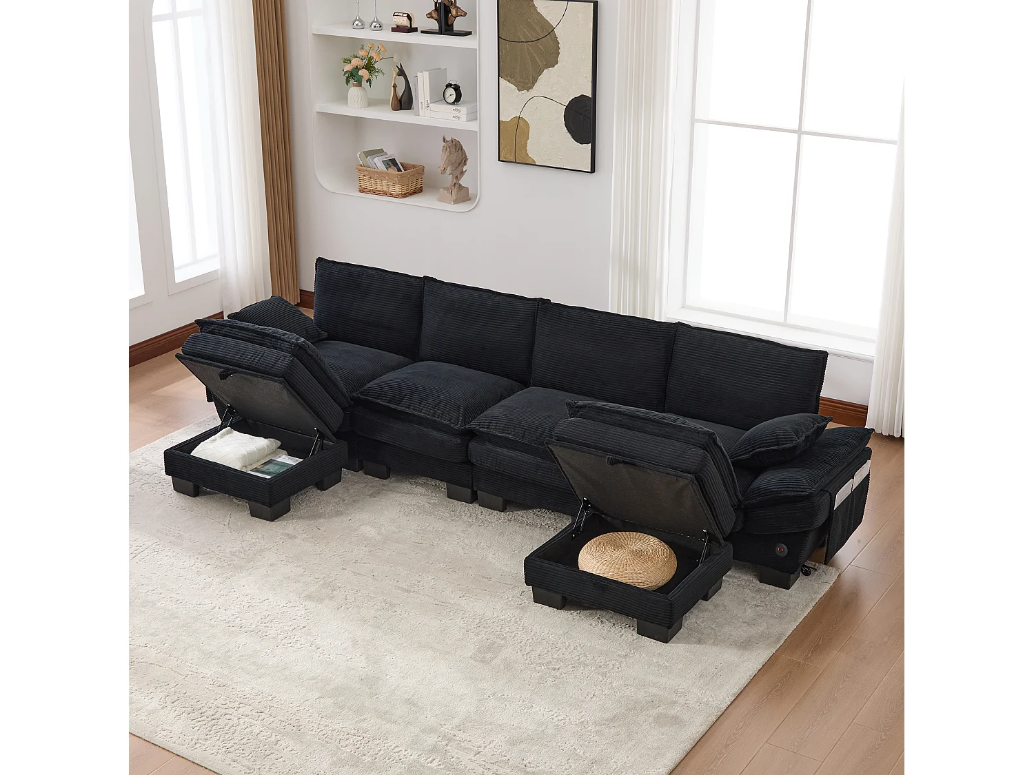 4-Sitzer-Cordsofa-Set – 330 x 132 x 84 cm – mit 2 Aufbewahrungshockern, USB-Anschluss und Taschen – schwarz