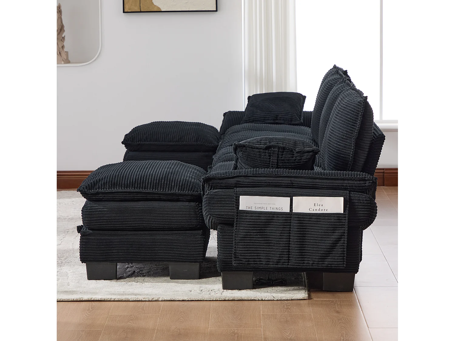 4-Sitzer-Cordsofa-Set – 330 x 132 x 84 cm – mit 2 Aufbewahrungshockern, USB-Anschluss und Taschen – schwarz