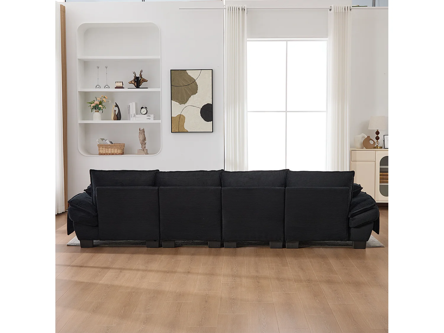 4-Sitzer-Cordsofa-Set – 330 x 132 x 84 cm – mit 2 Aufbewahrungshockern, USB-Anschluss und Taschen – schwarz