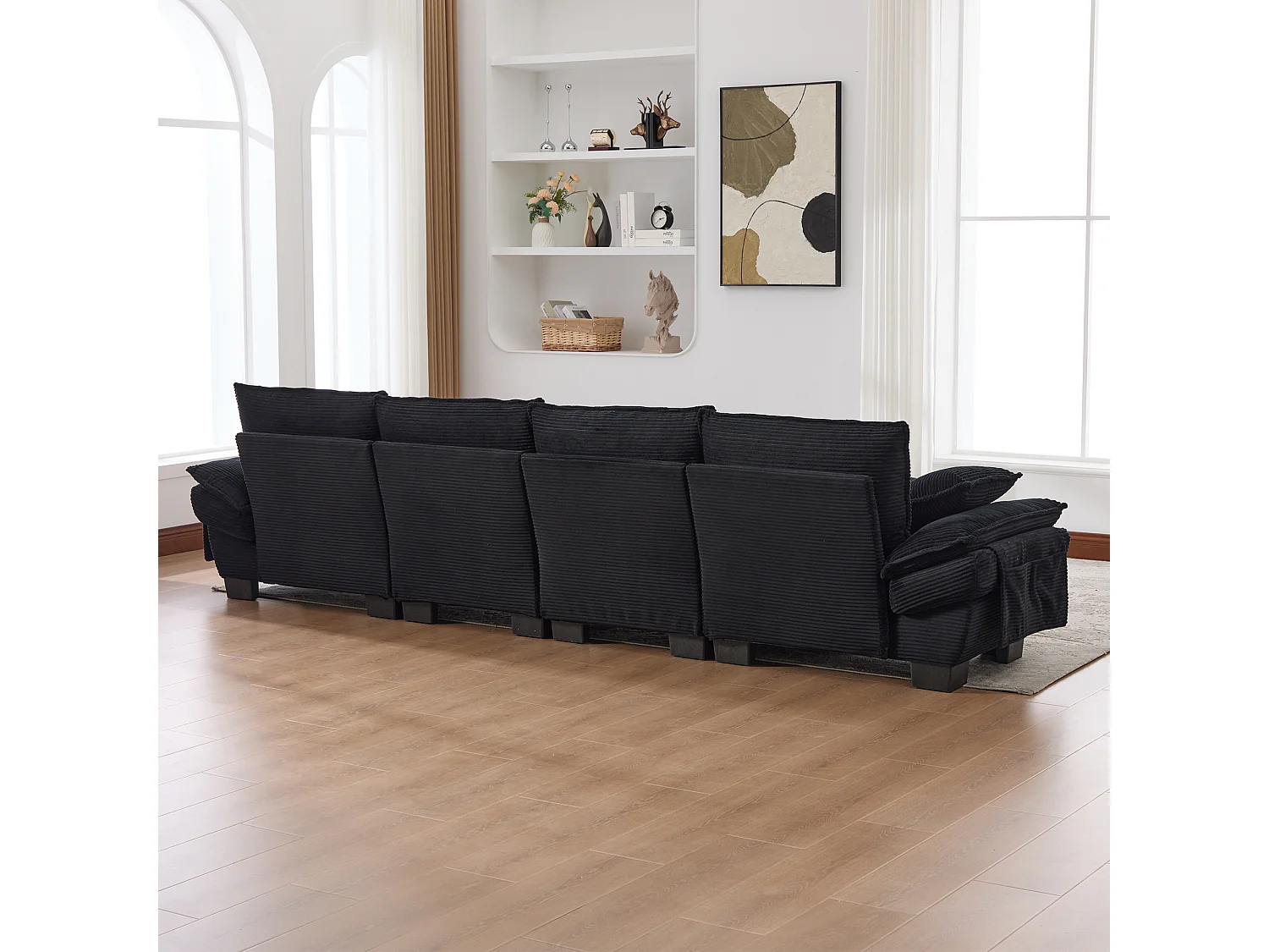 4-Sitzer-Cordsofa-Set – 330 x 132 x 84 cm – mit 2 Aufbewahrungshockern, USB-Anschluss und Taschen – schwarz