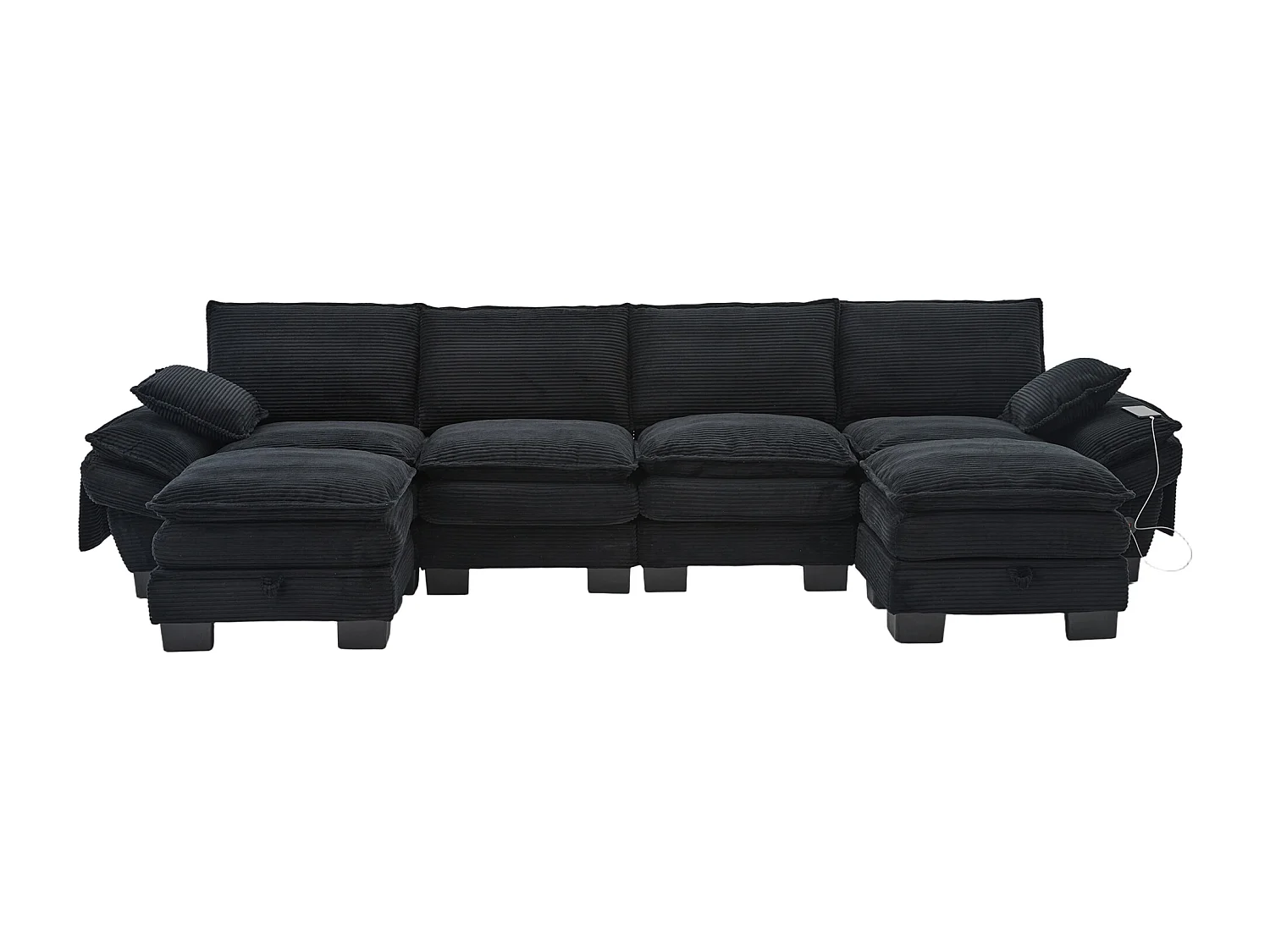 4-Sitzer-Cordsofa-Set – 330 x 132 x 84 cm – mit 2 Aufbewahrungshockern, USB-Anschluss und Taschen – schwarz