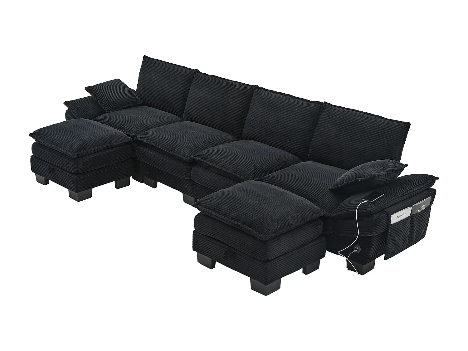 4-Sitzer-Cordsofa-Set – 330 x 132 x 84 cm – mit 2 Aufbewahrungshockern, USB-Anschluss und Taschen – schwarz