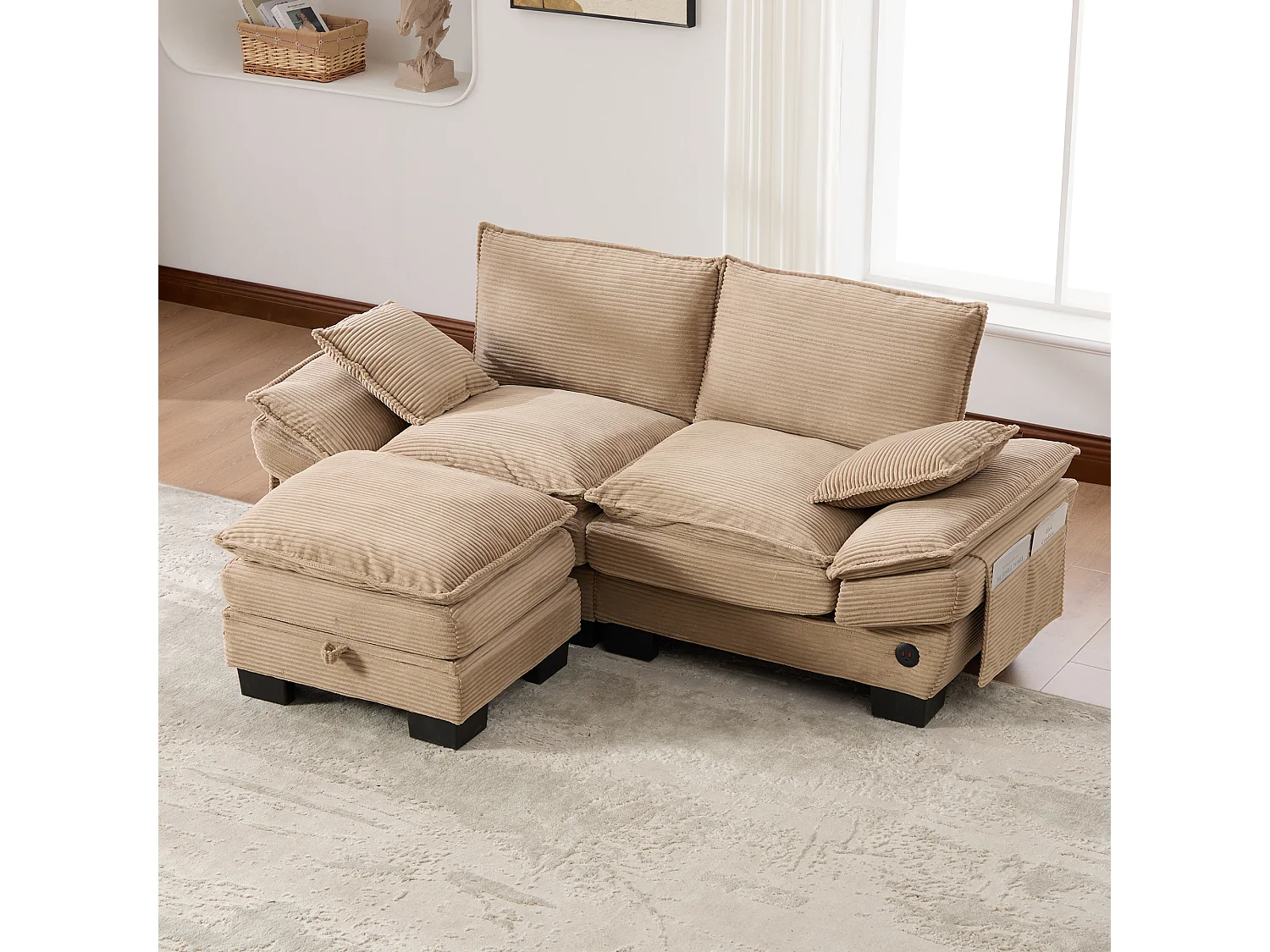 Ensemble canapé 2 places en velours côtelé - 190 x 132 x 84 cm - avec 1 pouf de rangement + USB + poches - kaki