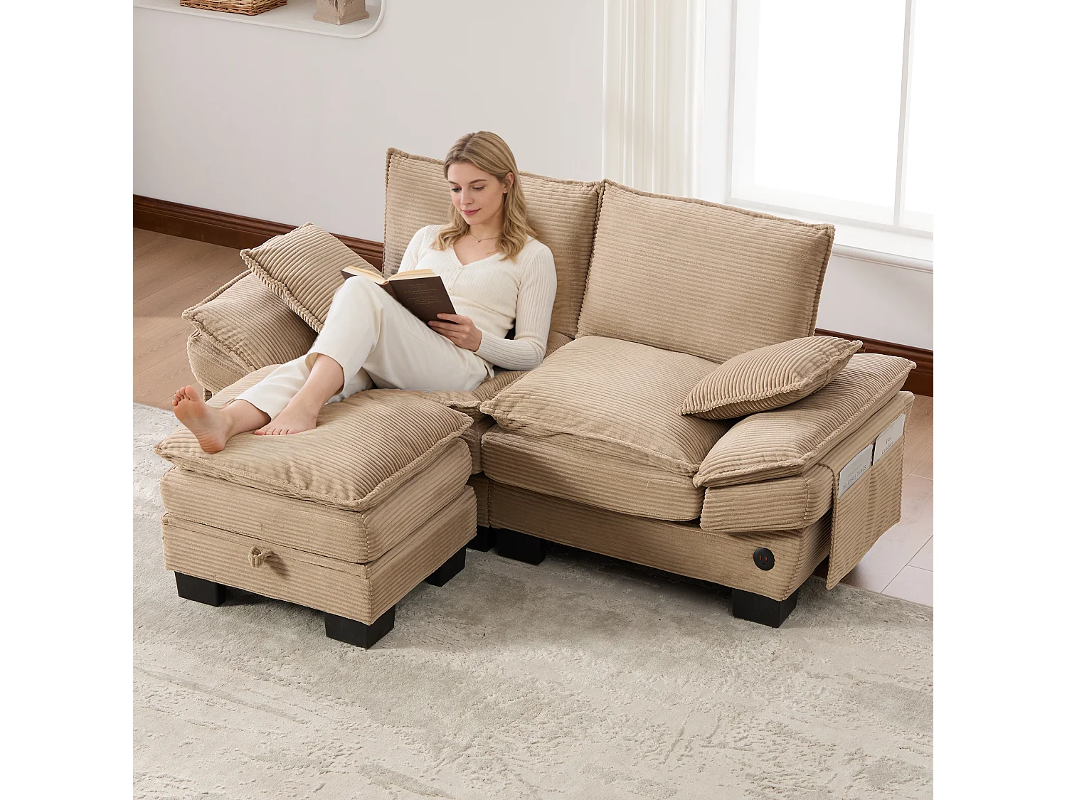 Ensemble canapé 2 places en velours côtelé - 190 x 132 x 84 cm - avec 1 pouf de rangement + USB + poches - kaki