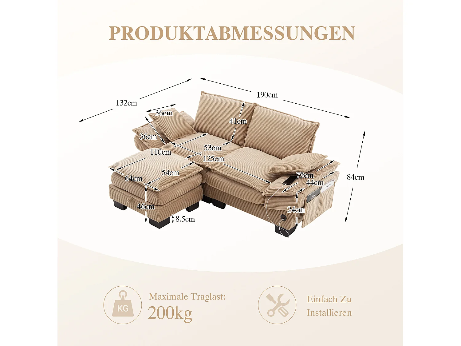 Ensemble canapé 2 places en velours côtelé - 190 x 132 x 84 cm - avec 1 pouf de rangement + USB + poches - kaki