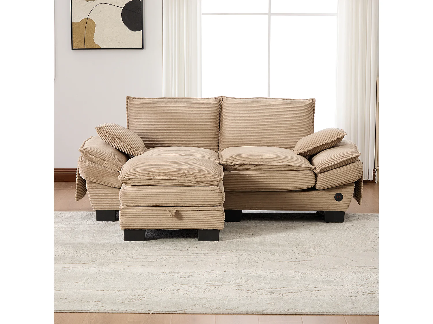 Ensemble canapé 2 places en velours côtelé - 190 x 132 x 84 cm - avec 1 pouf de rangement + USB + poches - kaki