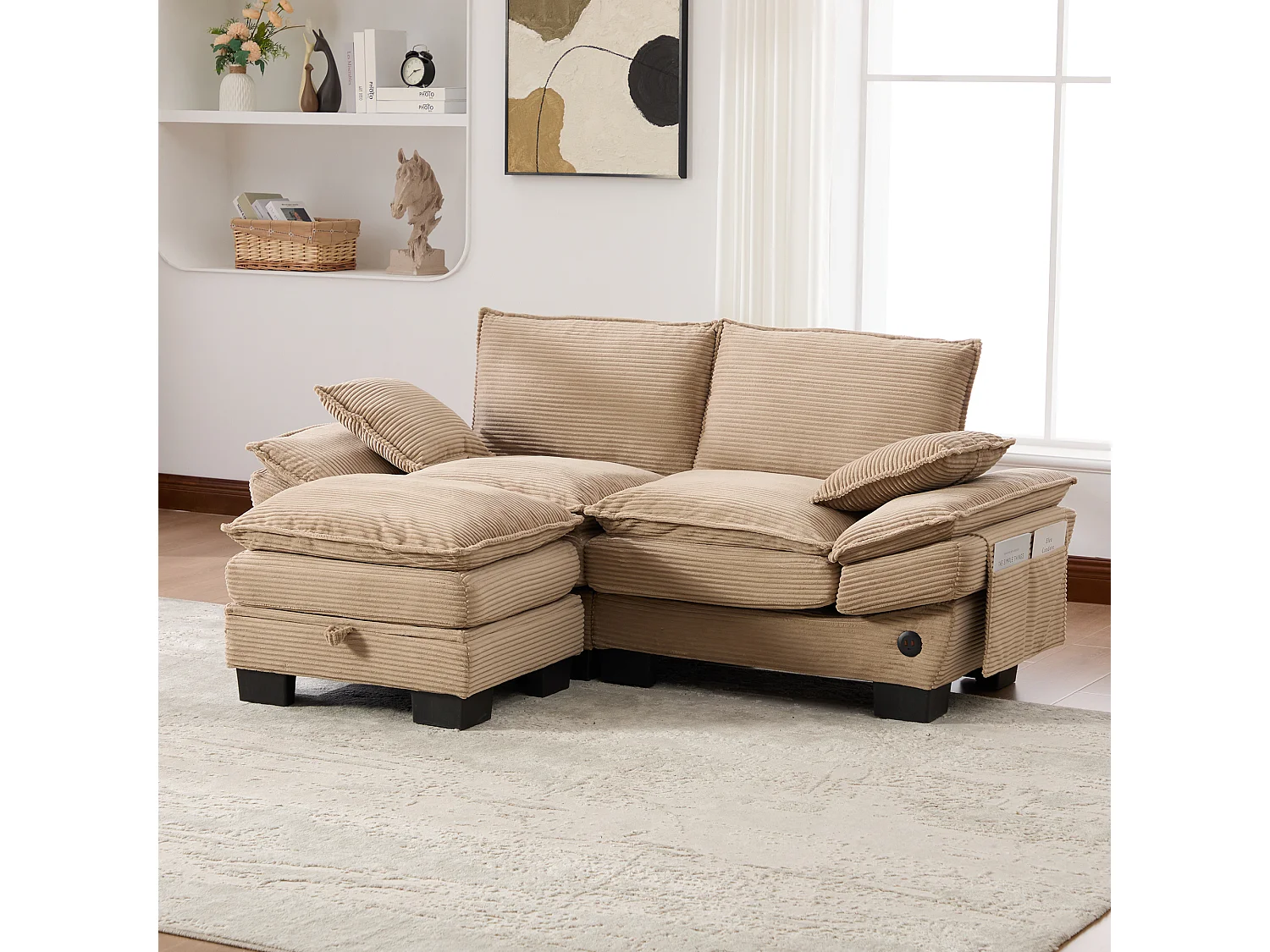 Ensemble canapé 2 places en velours côtelé - 190 x 132 x 84 cm - avec 1 pouf de rangement + USB + poches - kaki