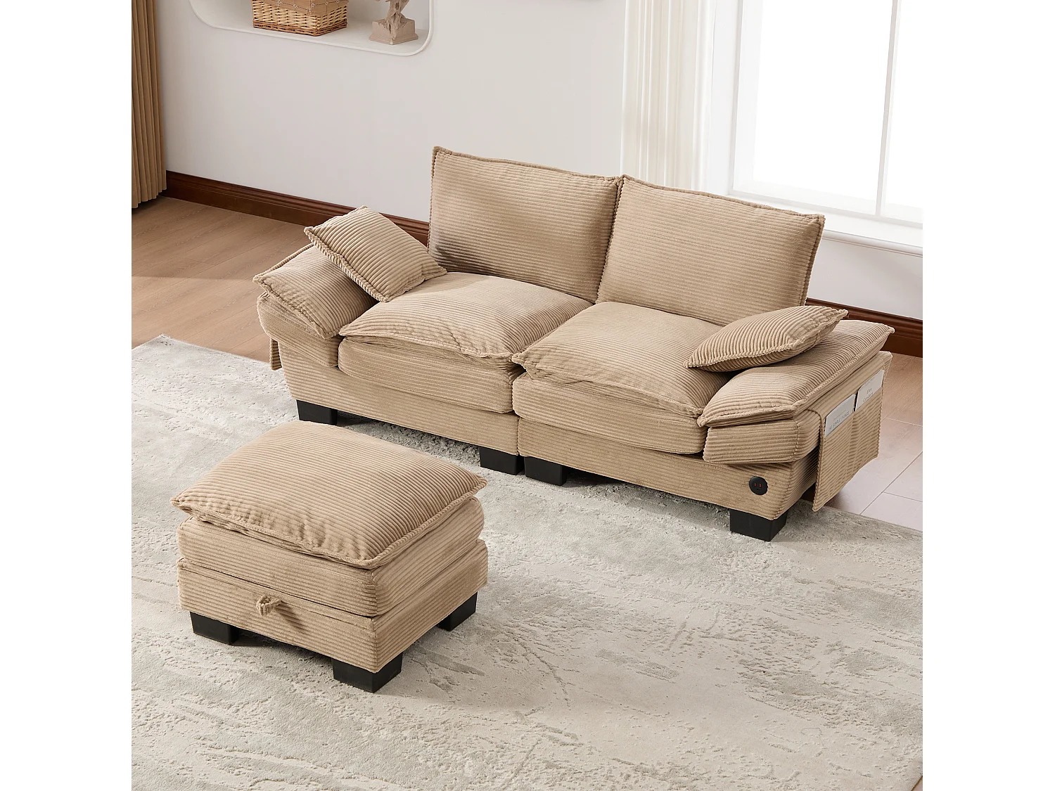 Ensemble canapé 2 places en velours côtelé - 190 x 132 x 84 cm - avec 1 pouf de rangement + USB + poches - kaki