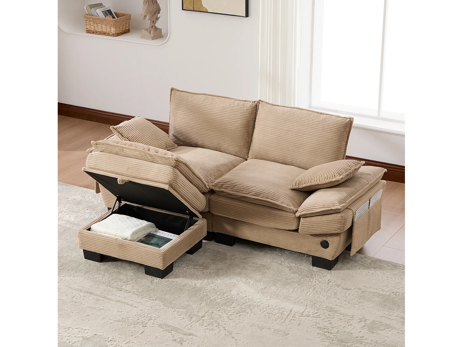 Ensemble canapé 2 places en velours côtelé - 190 x 132 x 84 cm - avec 1 pouf de rangement + USB + poches - kaki