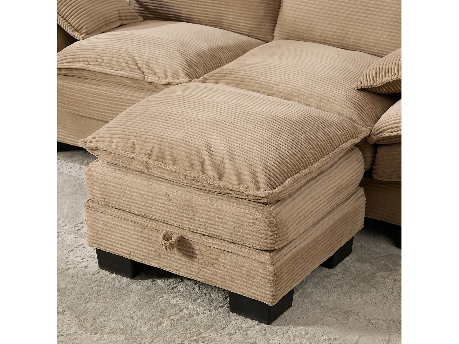 Ensemble canapé 2 places en velours côtelé - 190 x 132 x 84 cm - avec 1 pouf de rangement + USB + poches - kaki