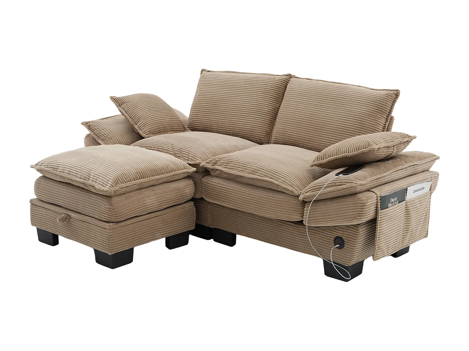 Ensemble canapé 2 places en velours côtelé - 190 x 132 x 84 cm - avec 1 pouf de rangement + USB + poches - kaki