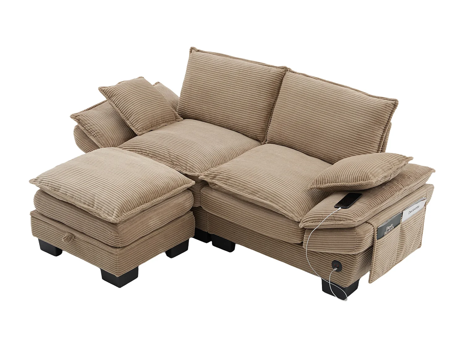 Ensemble canapé 2 places en velours côtelé - 190 x 132 x 84 cm - avec 1 pouf de rangement + USB + poches - kaki