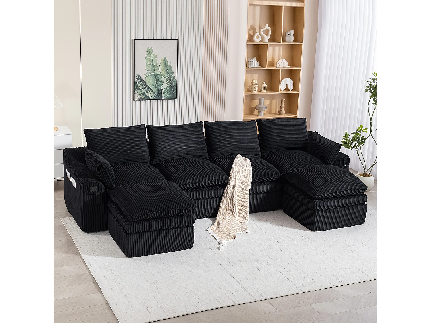 Modulares 4-Sitzer-Sofa-Set aus Cord – 335 x 167 x 85 cm – mit 2 Hockern, Kissen und 2 Taschen – schwarz