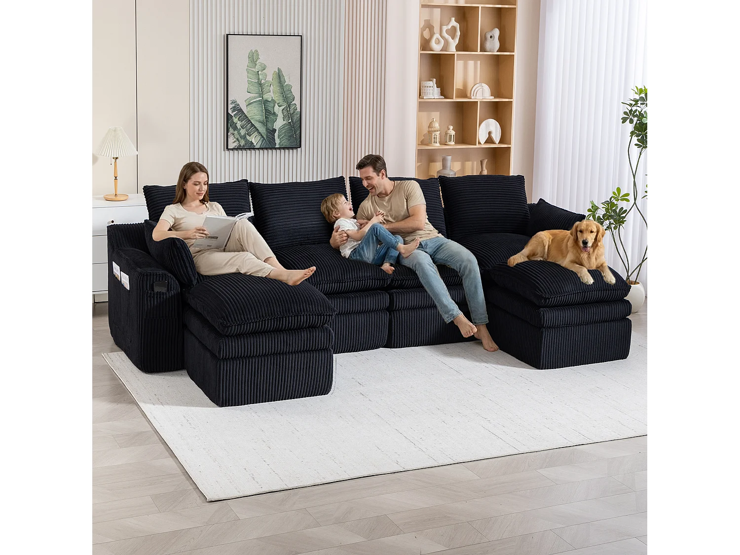 Modulares 4-Sitzer-Sofa-Set aus Cord – 335 x 167 x 85 cm – mit 2 Hockern, Kissen und 2 Taschen – schwarz
