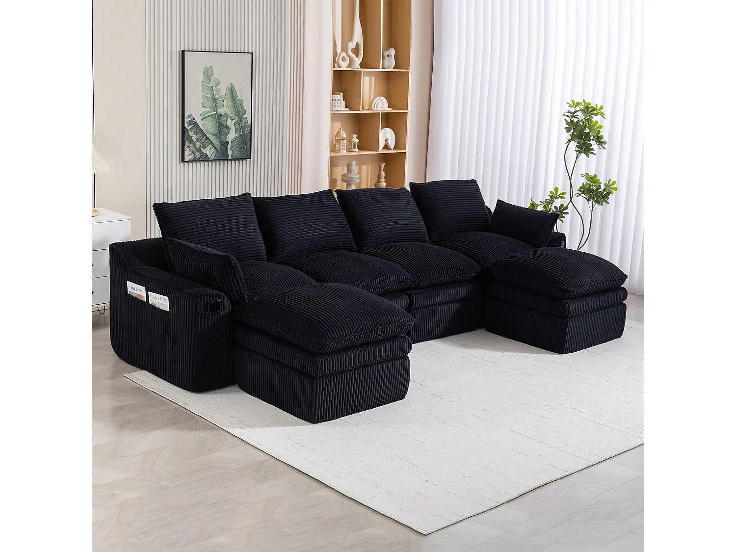 Modulares 4-Sitzer-Sofa-Set aus Cord – 335 x 167 x 85 cm – mit 2 Hockern, Kissen und 2 Taschen – schwarz