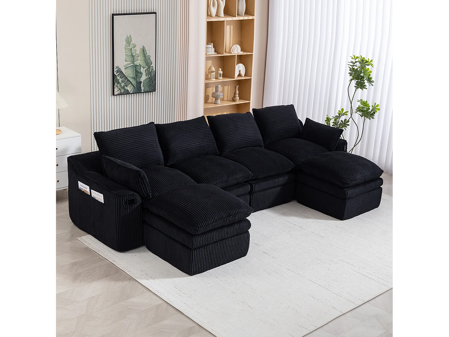 Modulares 4-Sitzer-Sofa-Set aus Cord – 335 x 167 x 85 cm – mit 2 Hockern, Kissen und 2 Taschen – schwarz