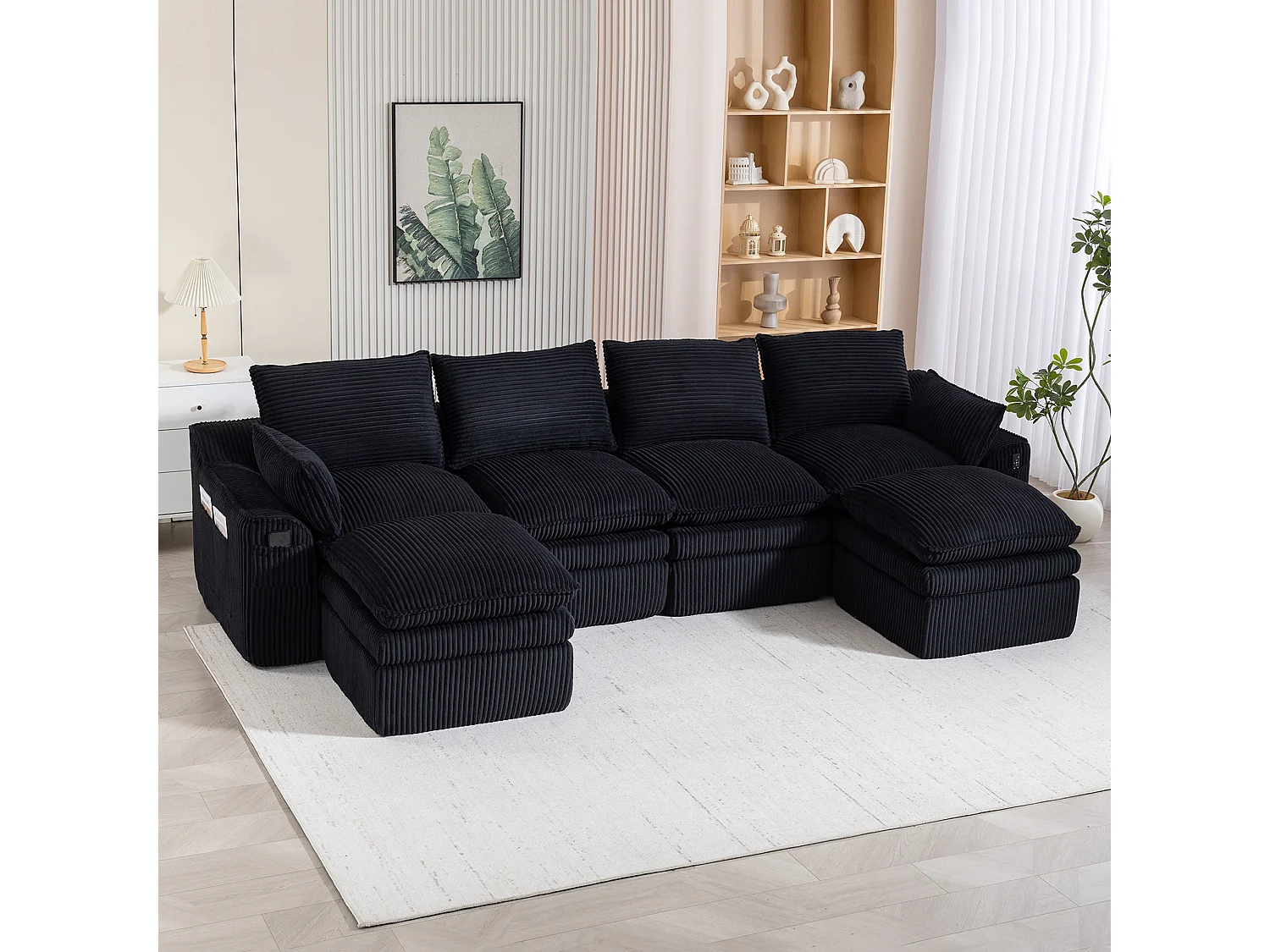 Modulares 4-Sitzer-Sofa-Set aus Cord – 335 x 167 x 85 cm – mit 2 Hockern, Kissen und 2 Taschen – schwarz