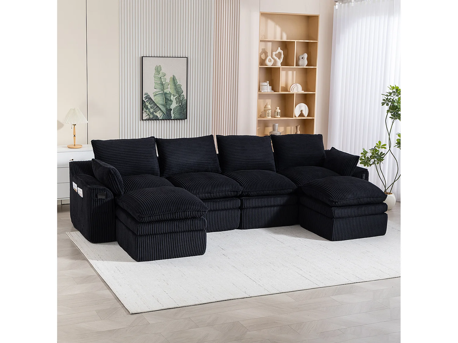 Modulares 4-Sitzer-Sofa-Set aus Cord – 335 x 167 x 85 cm – mit 2 Hockern, Kissen und 2 Taschen – schwarz