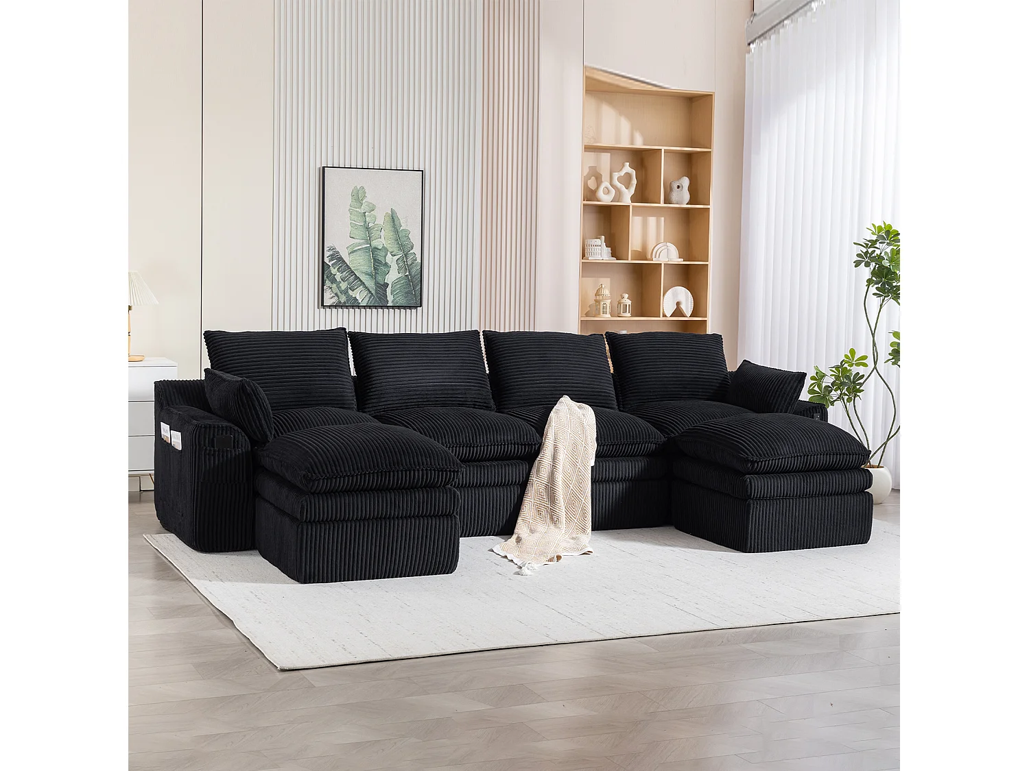Modulares 4-Sitzer-Sofa-Set aus Cord – 335 x 167 x 85 cm – mit 2 Hockern, Kissen und 2 Taschen – schwarz