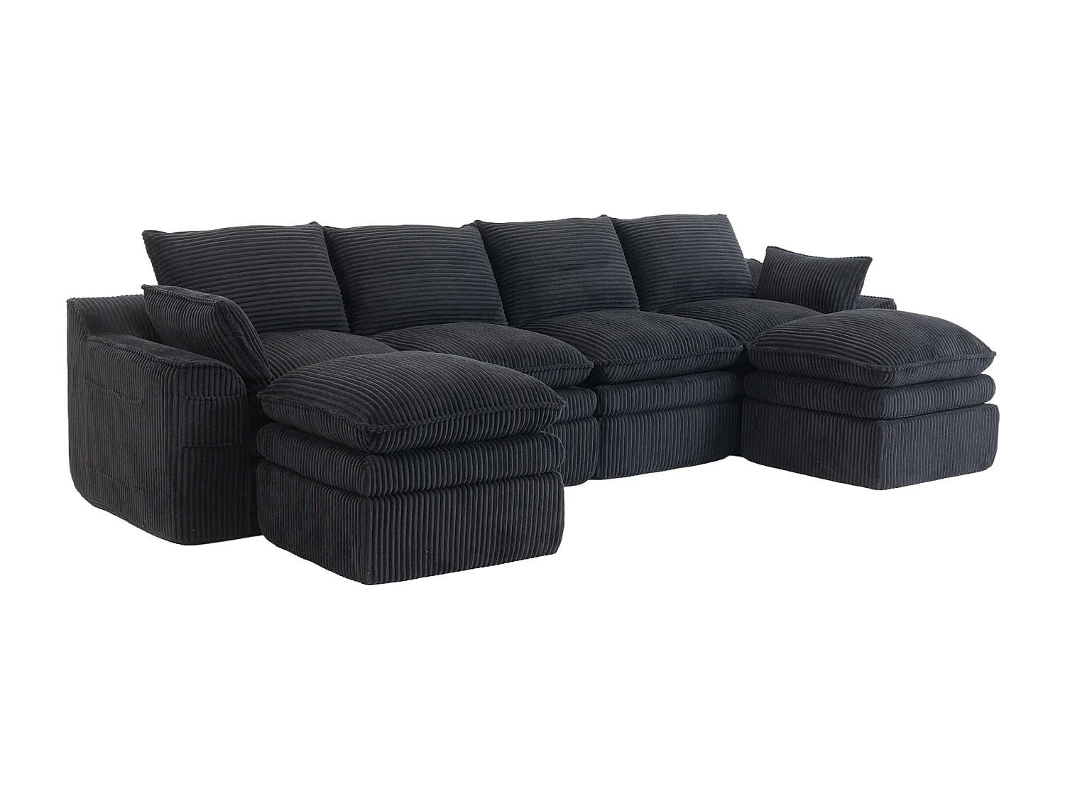 Modulares 4-Sitzer-Sofa-Set aus Cord – 335 x 167 x 85 cm – mit 2 Hockern, Kissen und 2 Taschen – schwarz