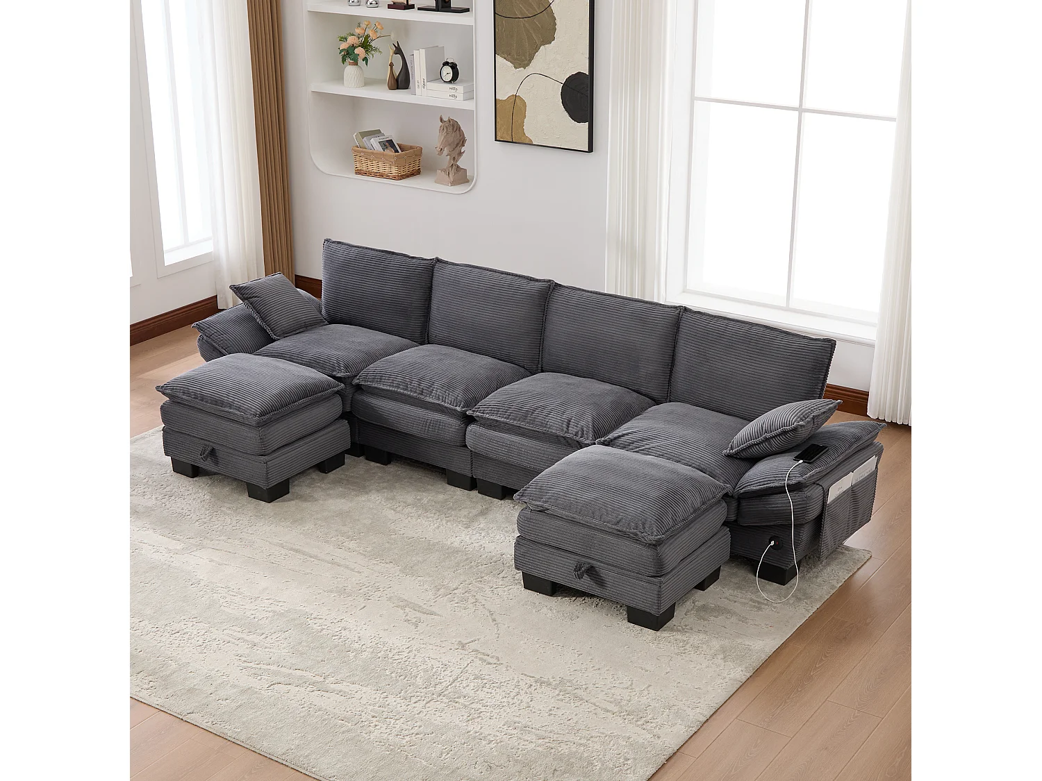 Zestaw wypoczynkowy z tkaniny sztruksowej dla 4 osób - 330 x 132 x 84 cm - z 2 pufami ze schowkiem + port USB + kieszenie - ciemnoszary