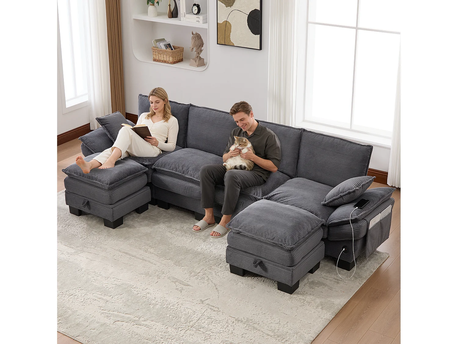 Zestaw wypoczynkowy z tkaniny sztruksowej dla 4 osób - 330 x 132 x 84 cm - z 2 pufami ze schowkiem + port USB + kieszenie - ciemnoszary